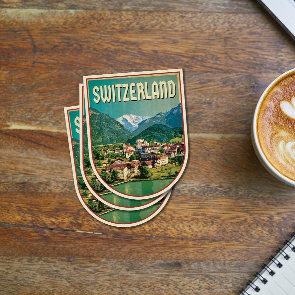 Interlaken Switzerland Travel Sticker: Vintage=style Luggage, Laptop Decal