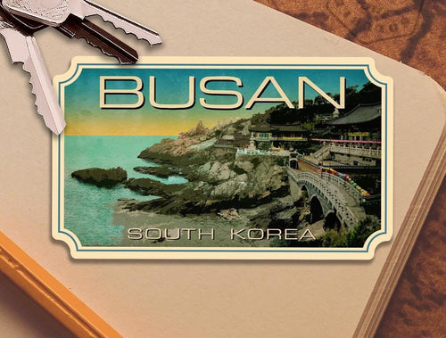 Busan, South Korea travel sticker, vintage style decal for suitcase, luggage, laptop or water bottle
