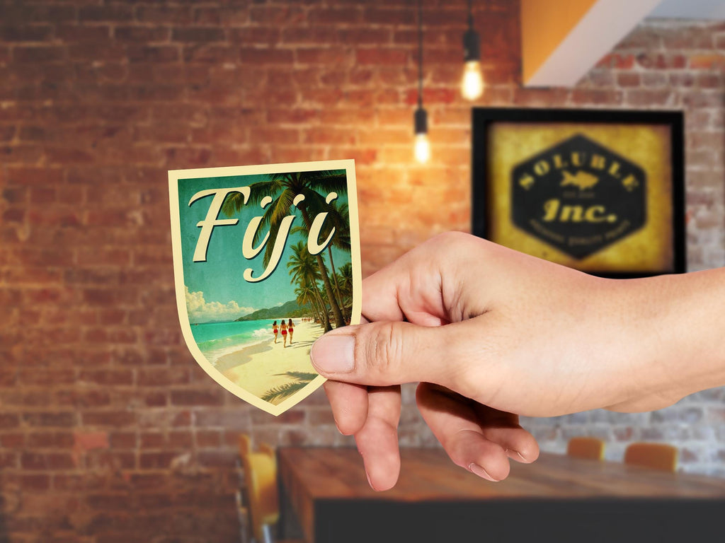 Fiji travel sticker, vintage-style decal for suitcase