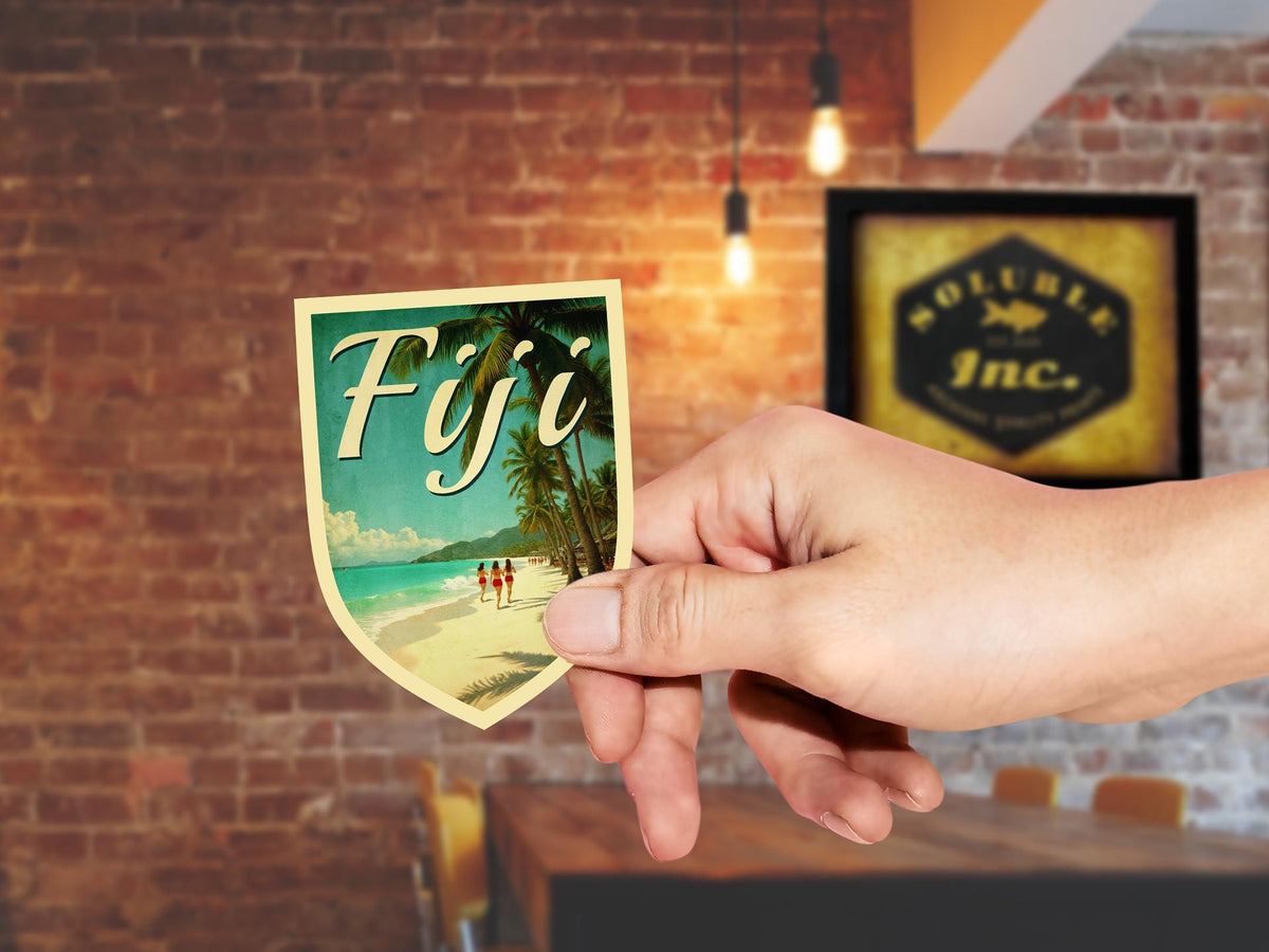 Fiji travel sticker, vintage-style decal for suitcase