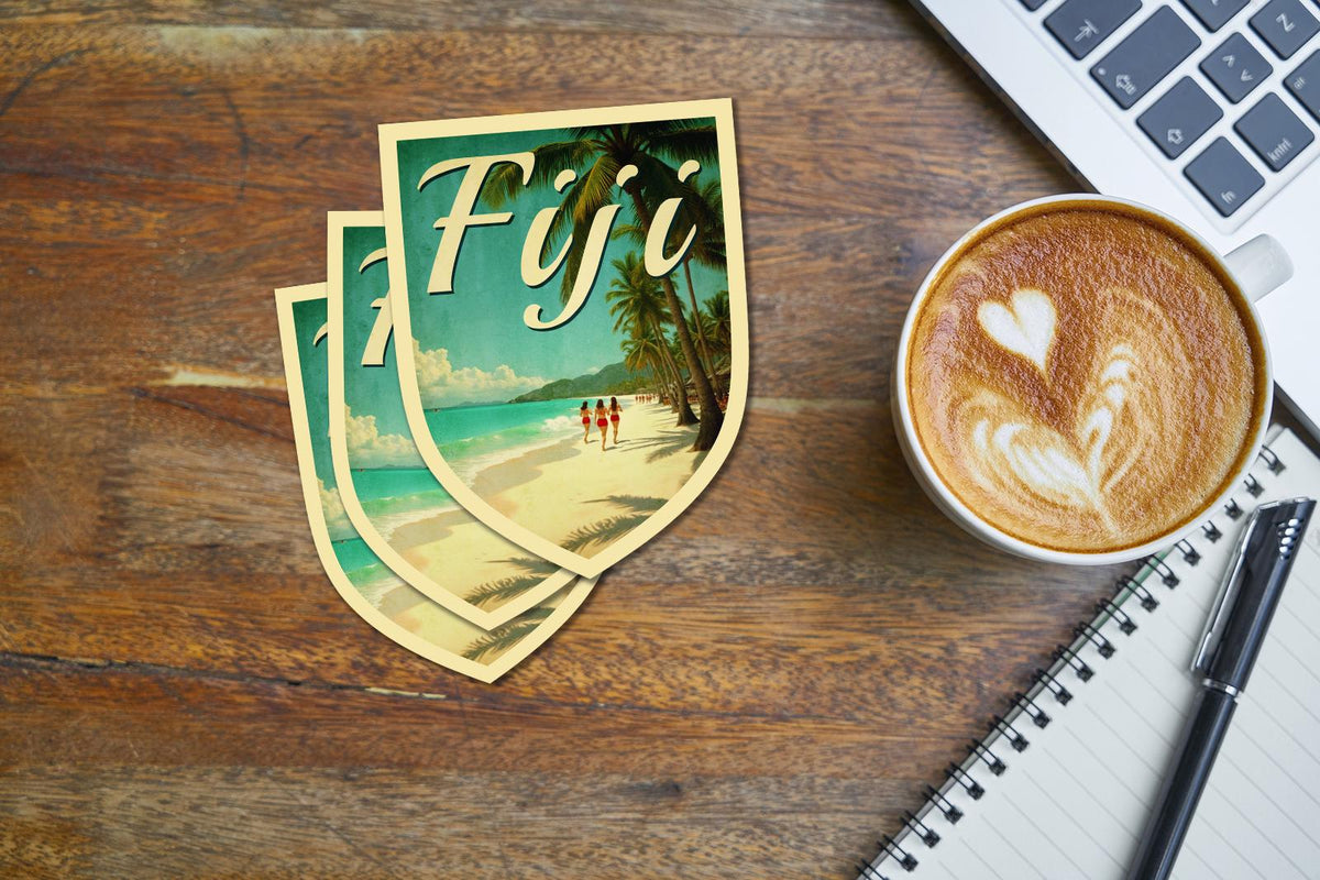 Fiji travel sticker, vintage-style decal for suitcase