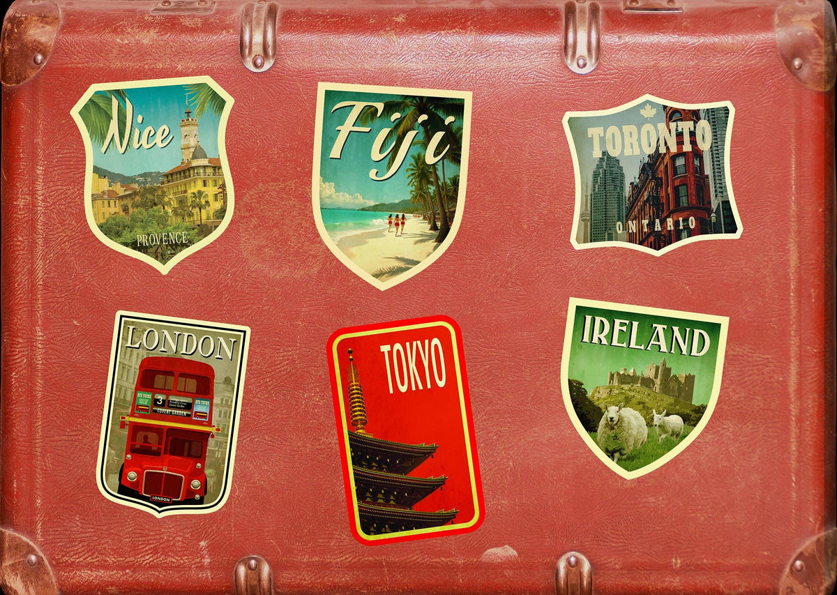 Fiji travel sticker, vintage-style decal for suitcase
