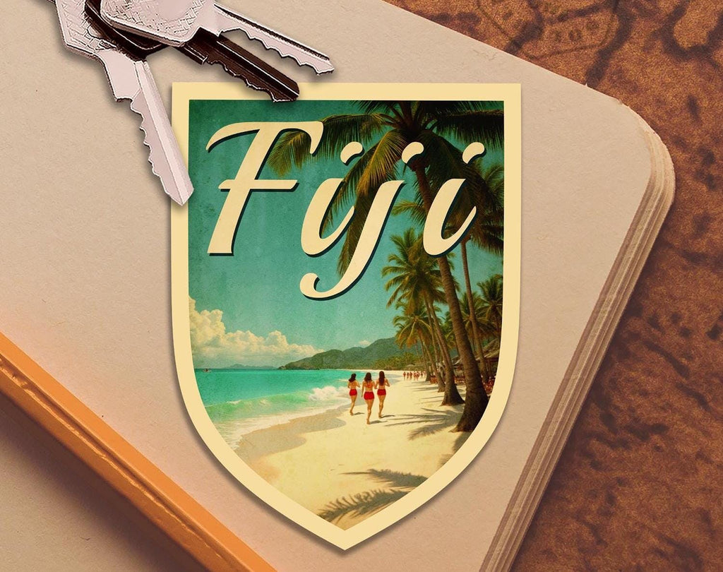 Fiji travel sticker, vintage-style decal for suitcase