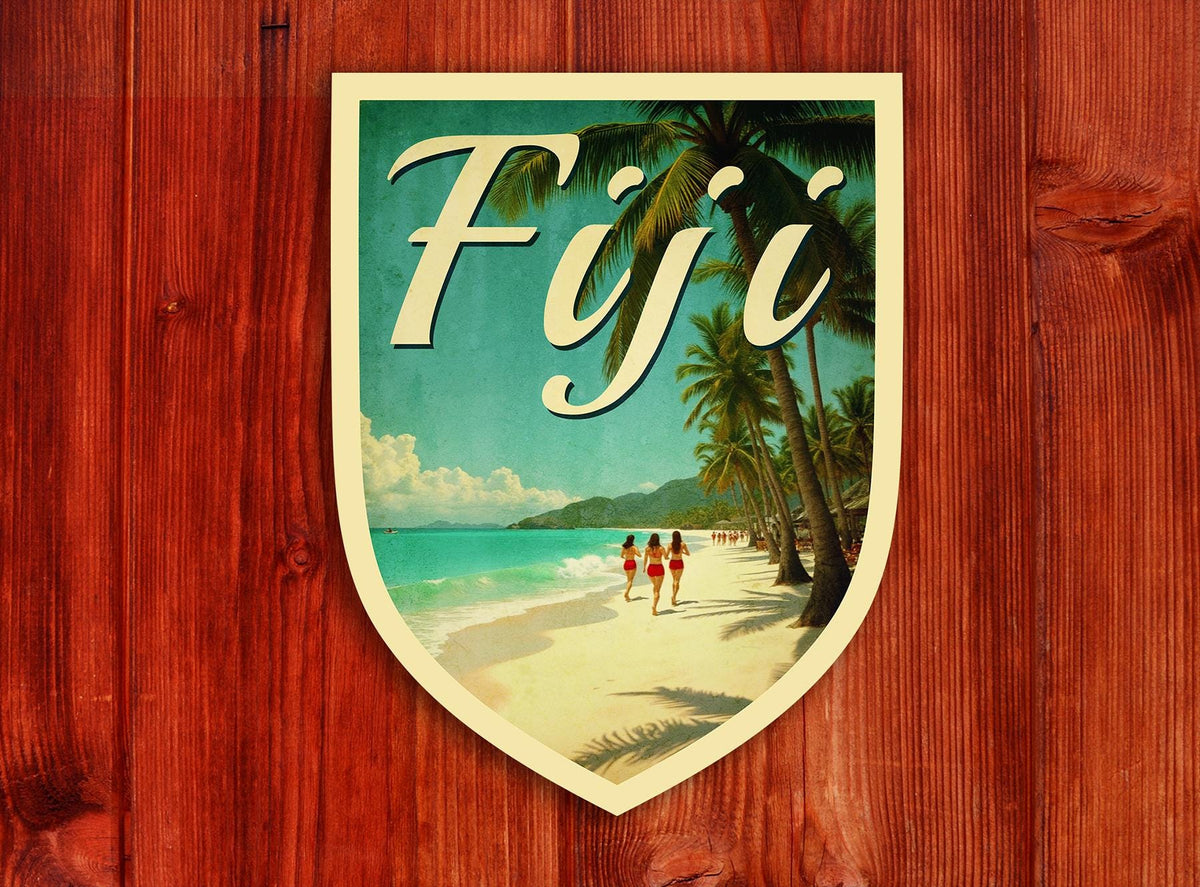 Fiji travel sticker, vintage-style decal for suitcase